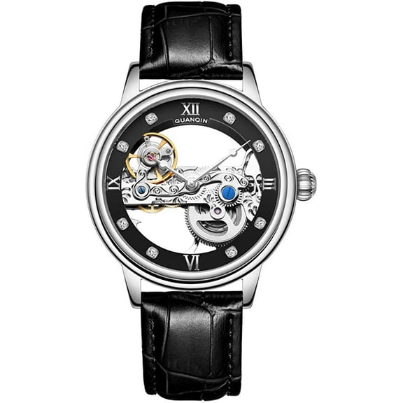 GUANQIN Men Luminous Skeleton Analog Automatic Self Winding Mechanical Wrist Watch with Leather Strap