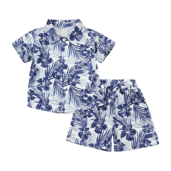 WOYY Boys Hawaii Tropical Print Button Down Shirt Shorts Set Summer Beach Outfits Children's Clothes Sets, Sizes 12M-5T