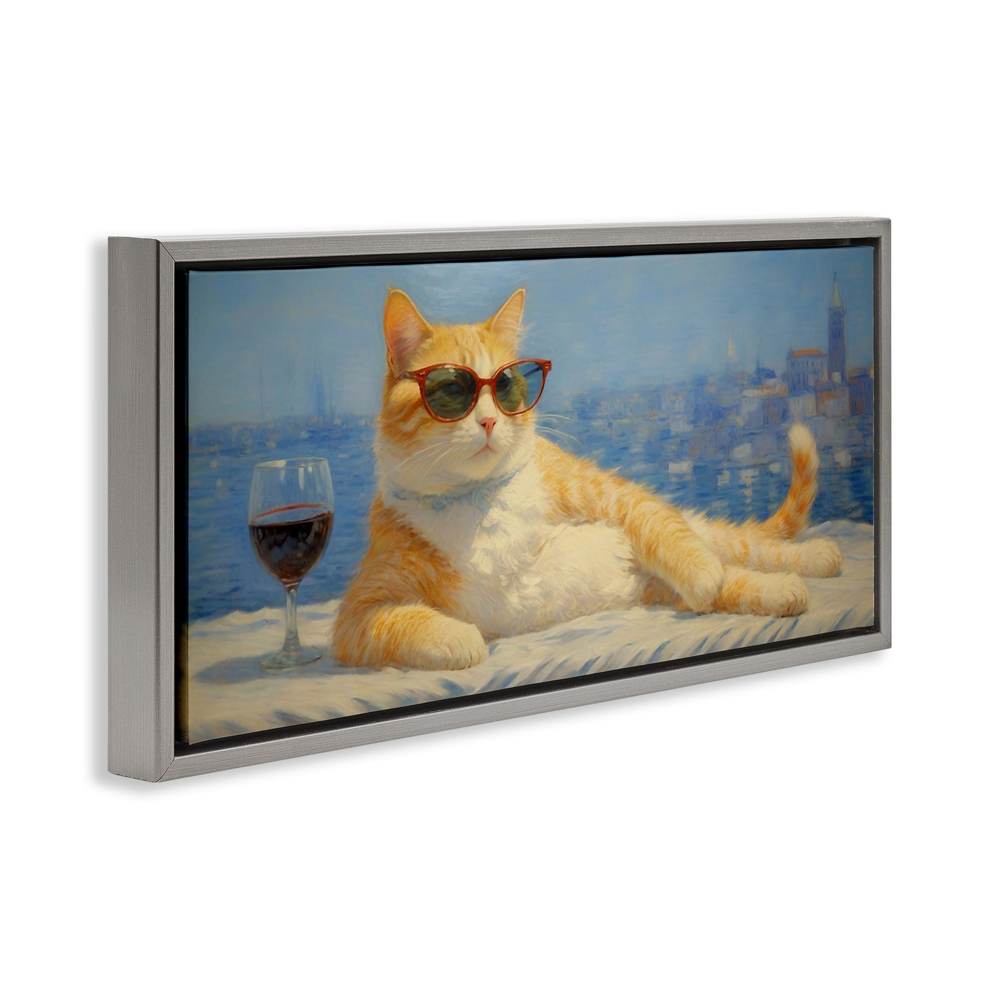 Stupell Industries Lounging Feline with Wine Glass Gray Framed Floater Canvas Wall Art, design by Angie Hawke