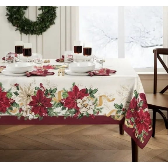 Christmas Tablecloth Vintage Poinsettia Garlands 60x102