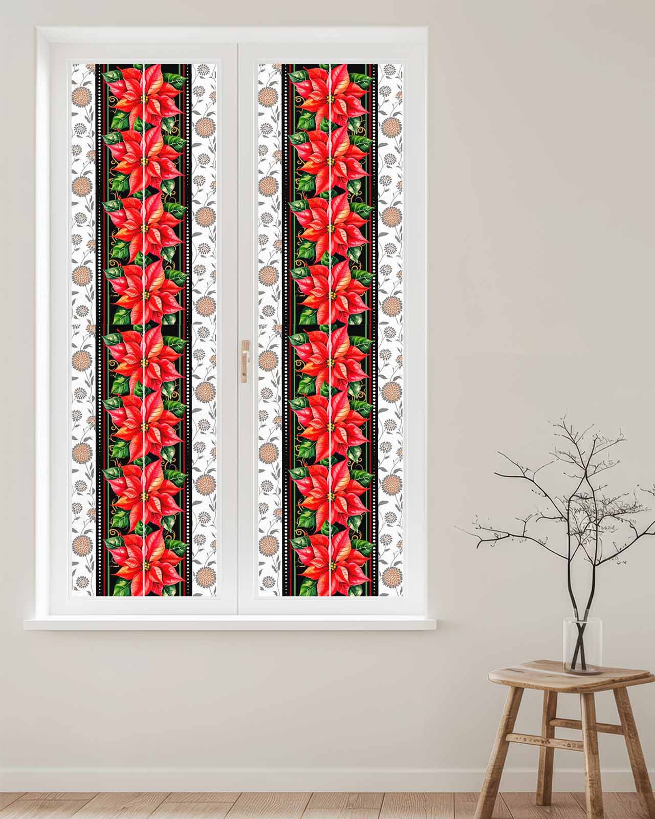 Red Christmas Window Privacy Film Stained Glass Window Film Decorative Windows Cover Static Windows Cling for Glass Door Xmas Botanical Poinsettia Stickers for Bathroom 29.5"x118"