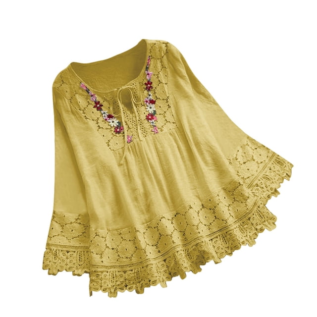 Timegard Hauts pour Femmes en Dentelle avec Cordon de Serrage, Col Rond, Manches Longues à Volants, Blouse Décontractée et Ample