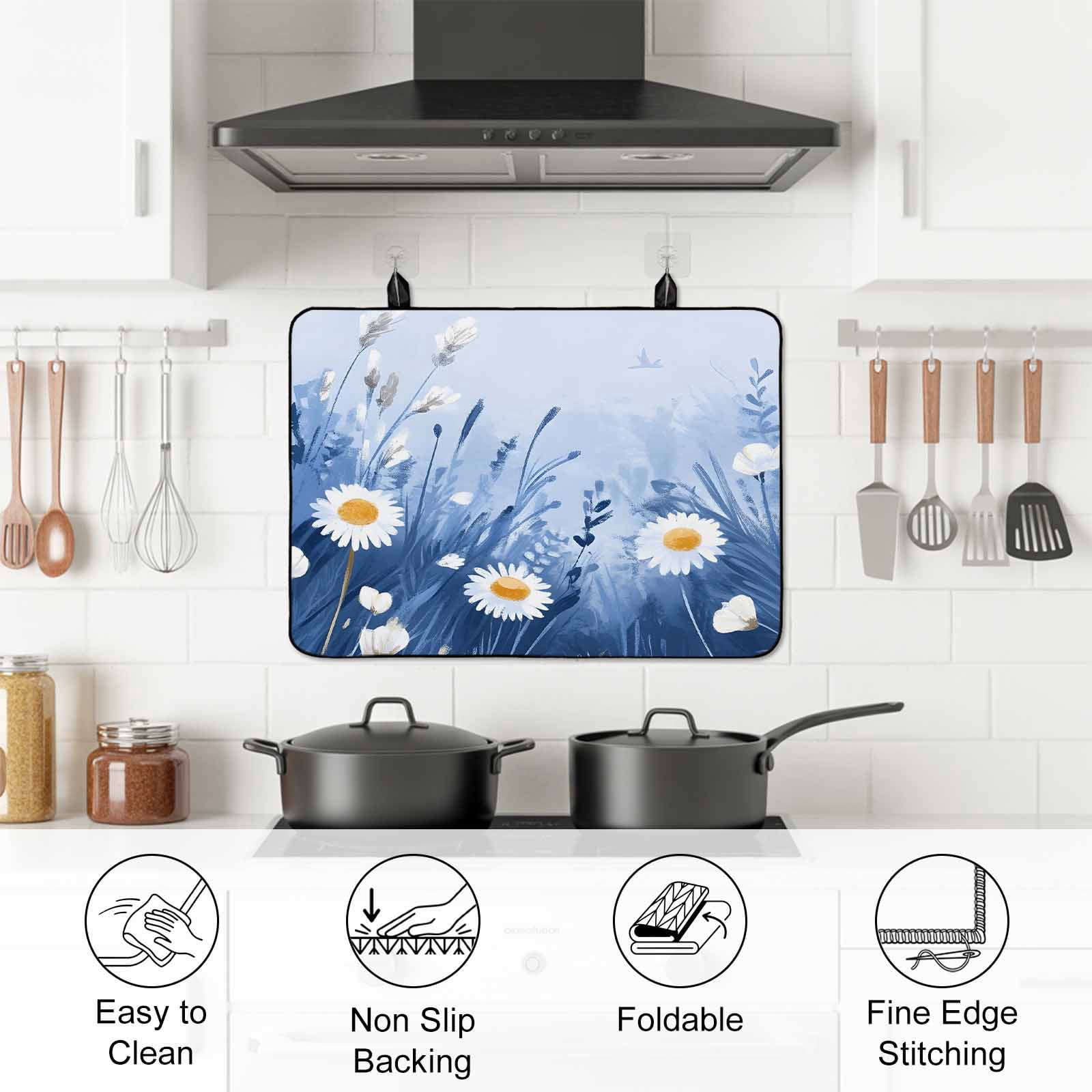 Spring Daisy Blue Stove Top Cover for Electric Stove, Heat-proof & Non Slip Glass Top Stove Cover Protector, Pastoral Botanical White Floral Leaf Kitchen Flat Cooktop Rubber Mat 24x21 Inches
