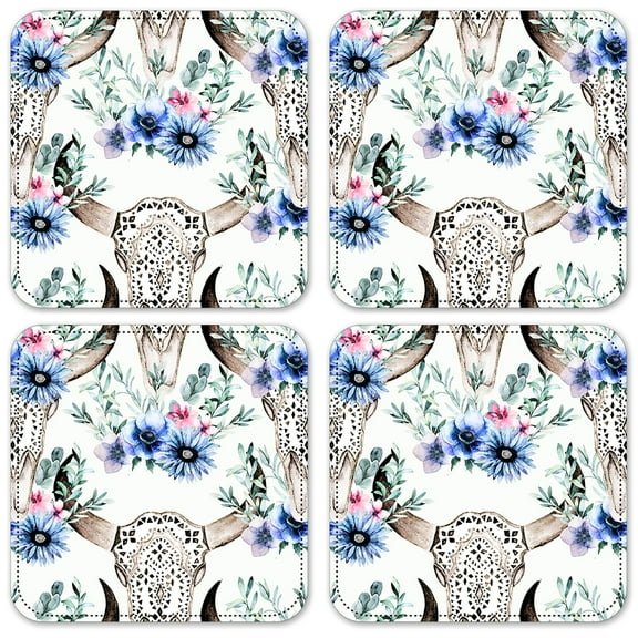 Vinyl Drink Coasters - Set of 4 - Bull Skull & Blue Flowers