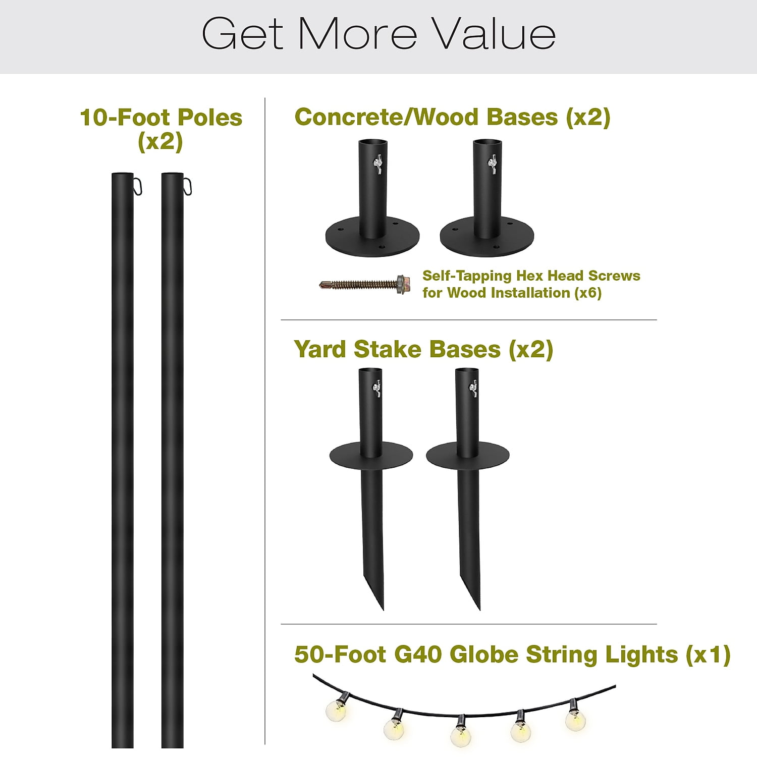 Excello Global Products Bistro Pole for String Lights with 50' G40 Lights Black 2/Pack (EGP-HD-0360)