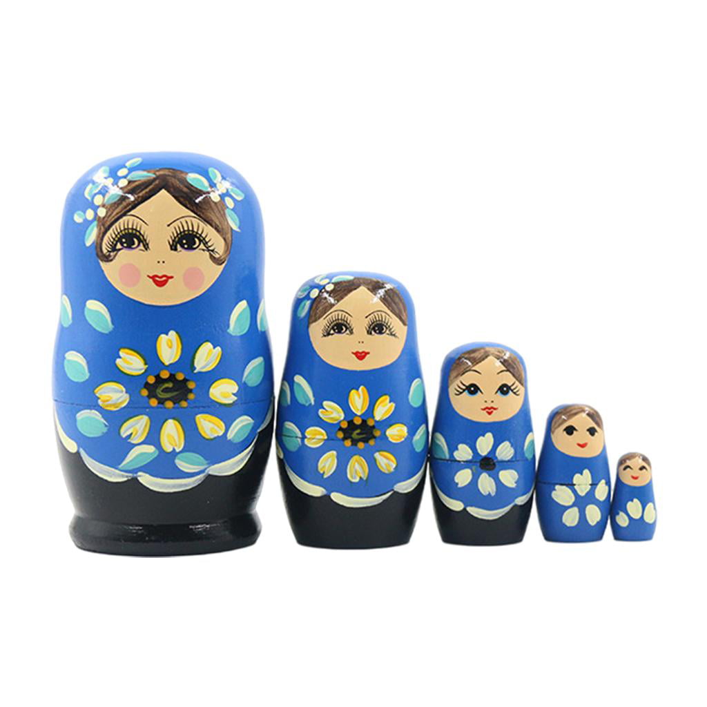 Blue Russian Nesting Doll Babushka Matryoshka Stacking Wishing Dolls Set 