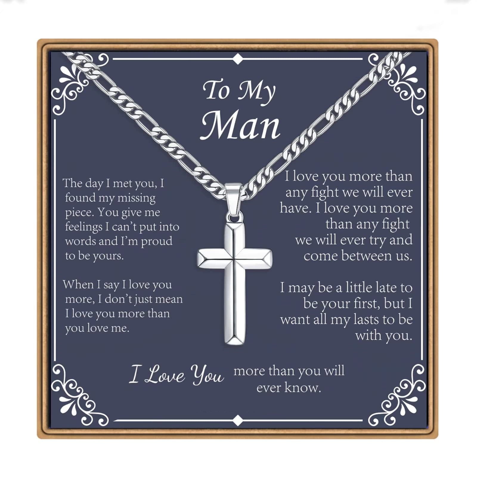 Turandoss Fathers Day Necklace Gifts for Him Husband from WifeSilver Cross Necklace To My Man Jewelry Birthday Teacher Appreciation Graduation Fathers Day Gifts for Him Her Men Son Dad Boys Girls