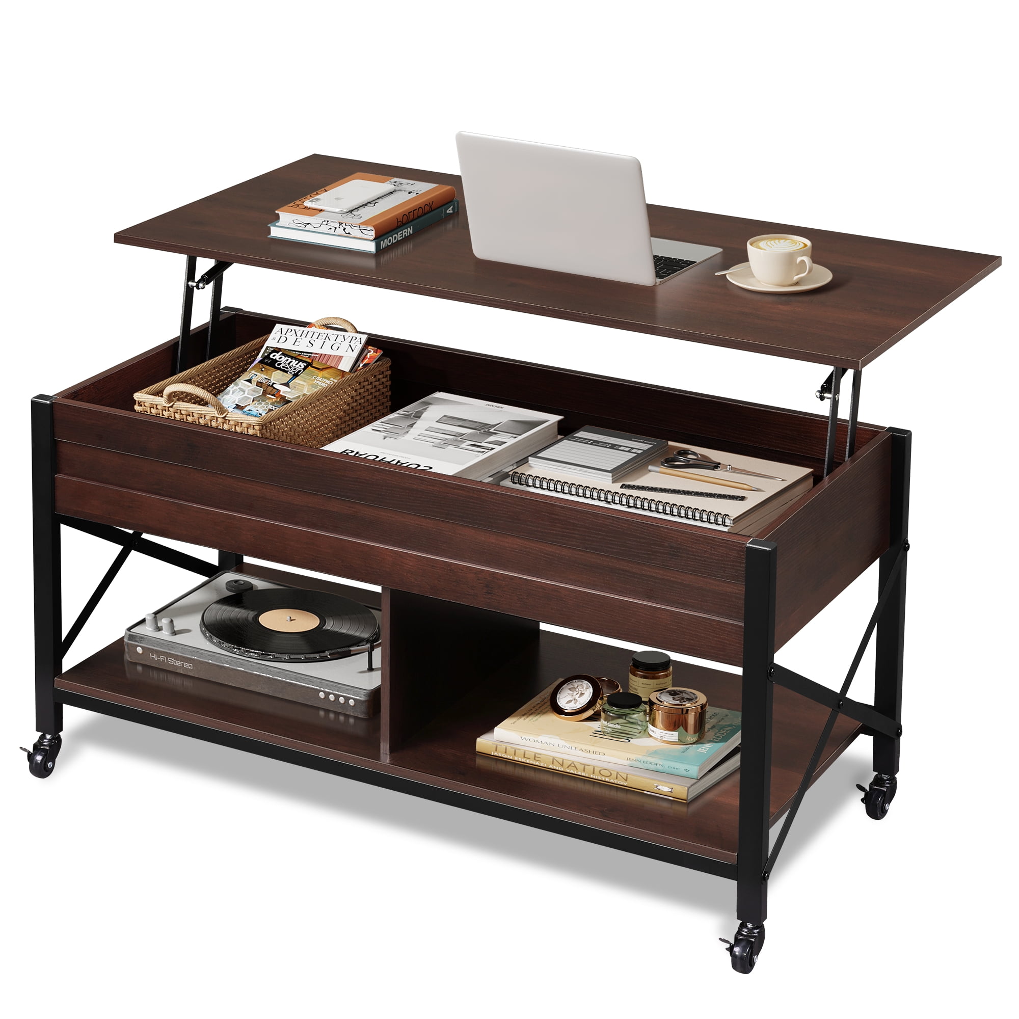 GALAXHERO Coffee Table, 41.3" Lift Top Coffee Table with 4 Wheels, Hidden Compartment, Storage Shelf and Lift Tabletop for Living Room, Reception Room, Espresso