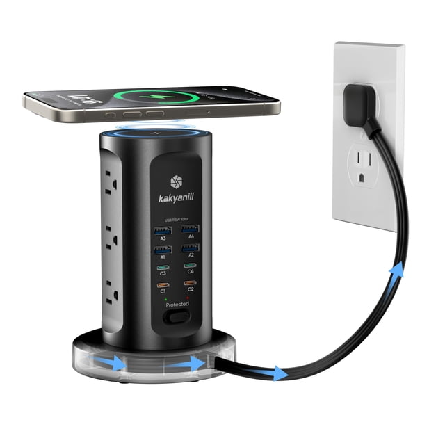 Kakyanill 115W USB Charging Station, Surge Protector Power Strip Tower, 9 AC Outlets with 8 USB Ports(4 USB-C), 6Ft Flat Plug Retractable Extension C