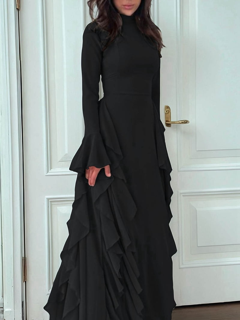 Women'S Bodycon Dresses Elegant Bell Sleeve Ruffle Hem Cocktail Party Long Dress Black XL