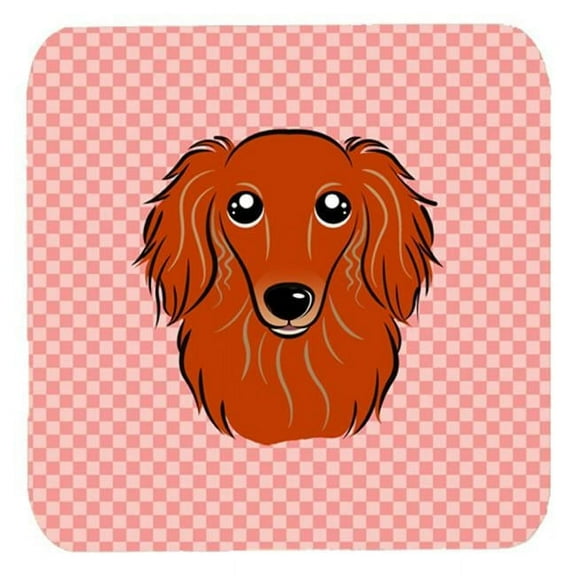 3.5 x 3.5 In. Checkerboard Pink Longhair Red Dachshund Foam Coasters, Set Of 4