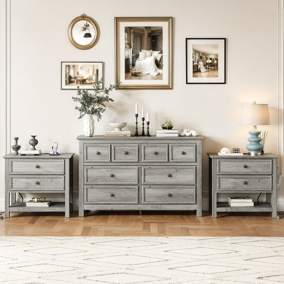 Holliwill 3pcs Dresser Nightstands Set, Farmhouse Bedroom Set, Wide 8 Drawer Dresser and 2 Drawer Nightstand with Open Shelf & Charging Station, Chest of Drawers for Bedroom, Grey