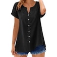 thumbnail image 3 of Auralook Womens Short Sleeve Tops Cotton Linen Shirts Loose Casual V Neck Button Lace Blouses Summer Vacation Clothes, 3 of 9