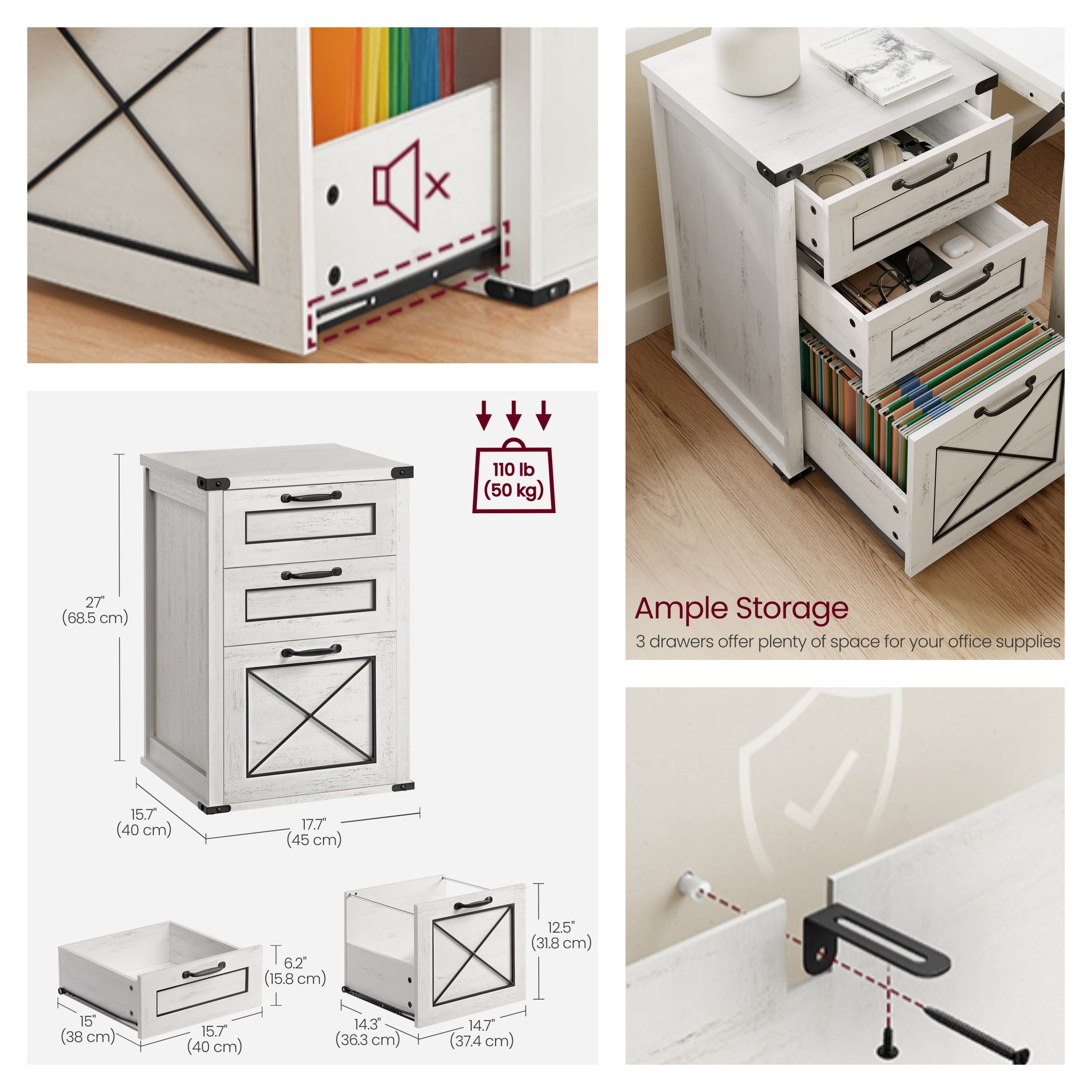 LEDREM 3-Drawer File Cabinet with Hanging Drawer,Printer Stand for A4 & Letter Files,Freestanding Storage Unit for Home Office,Rustic White