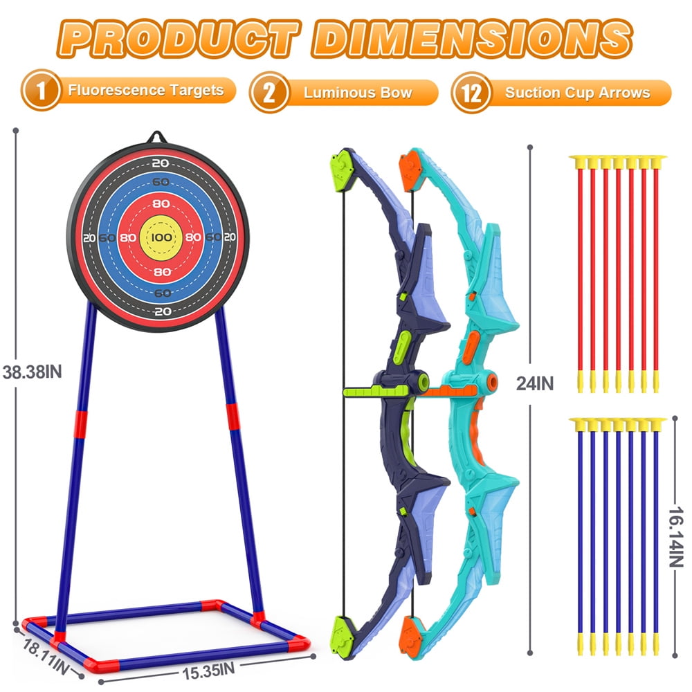Growsly 2 Bow and Arrow, Kids Archery Set with LED Flash Lights Includes 14 Suction Cups Arrows and Target, Outdoor Toys Gifts for Age 4 5 6 7 8-12 Year Old Boys Girls, Green and Purple