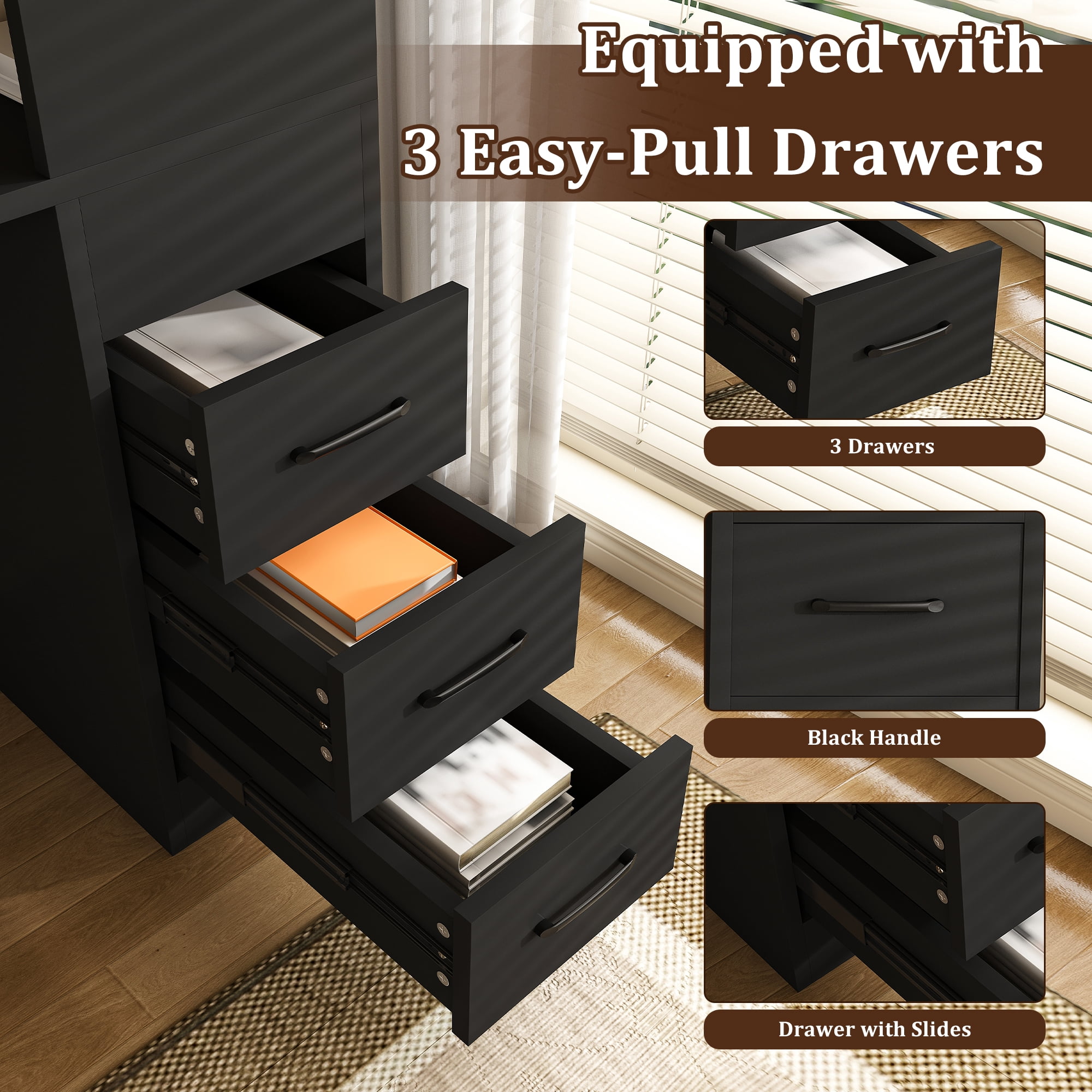 Computer Desk with 4-in-1 Charging Socket and 3 Slide Drawers, 4-Shelf Storage Workstation for Home Office and Study, Black