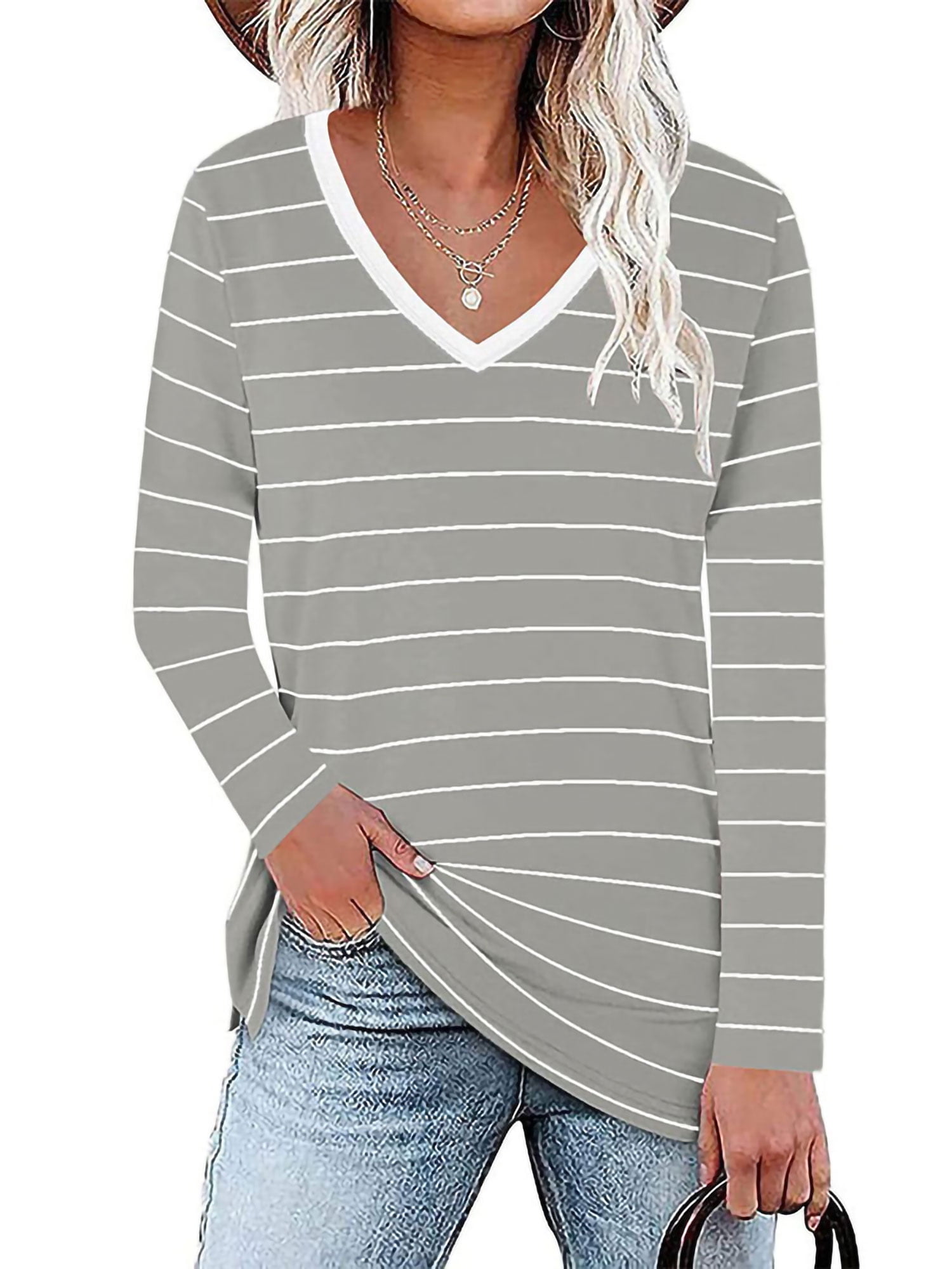 Women Striped Long Sleeve T Shirt Ladies Casual Pullover Tunic Tops Loose Blouse