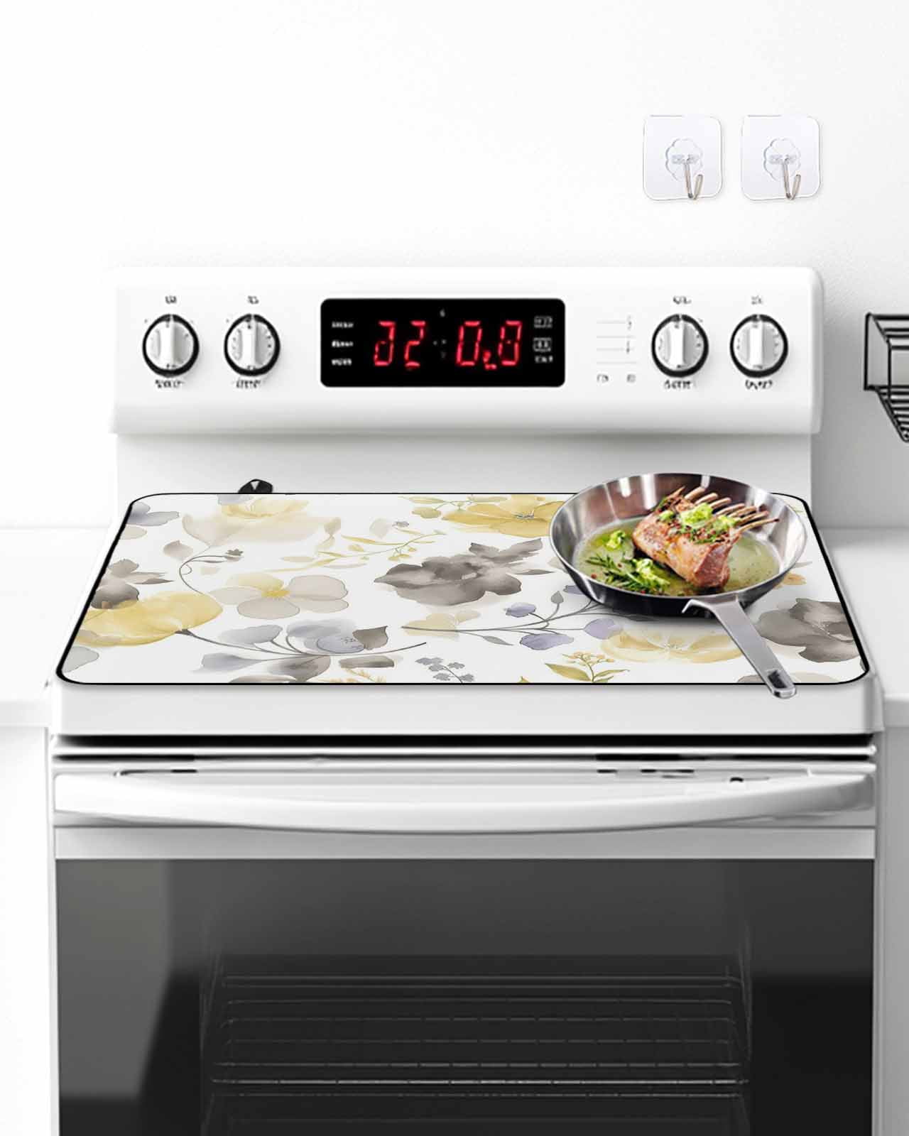 Stove Top Covers for Electric Stove, Yellow Grey Botanical Glass Stovetop Cover Protector, Spring Floral Watercolor Induction Cooktop Protector Oven Mat for Kitchen Countertop 24"x21"