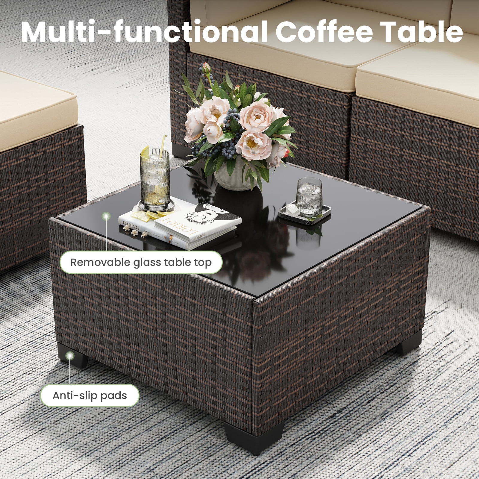 STARY 7 Pieces Outdoor Conversation Set, Patio Sectional PE Rattan Furniture Set for Backyard, Cream