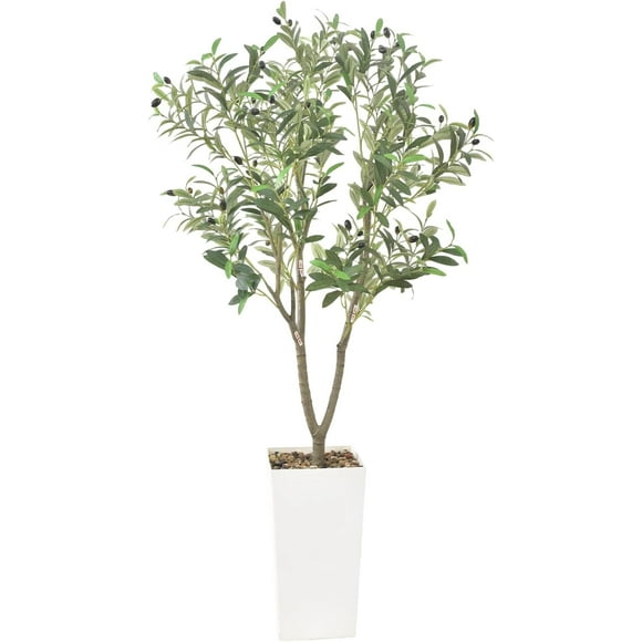 Olive Trees Artificial Indoor, 5FT Tall Faux Olive Tree with White Tall Planter, Artificial Plants with Natural Wood Trunk and Lifelike Fruits for Home Office Decor