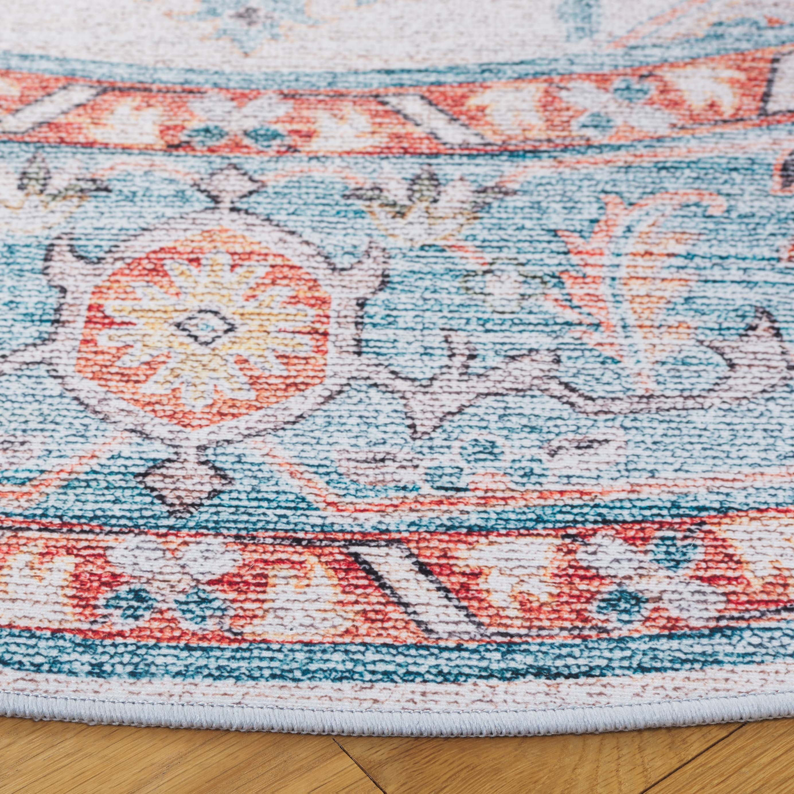 SAFAVIEH Tucson Alyx Oriental Machine Washable Area Rug, Turquoise/Rust, 6' x 6' Round