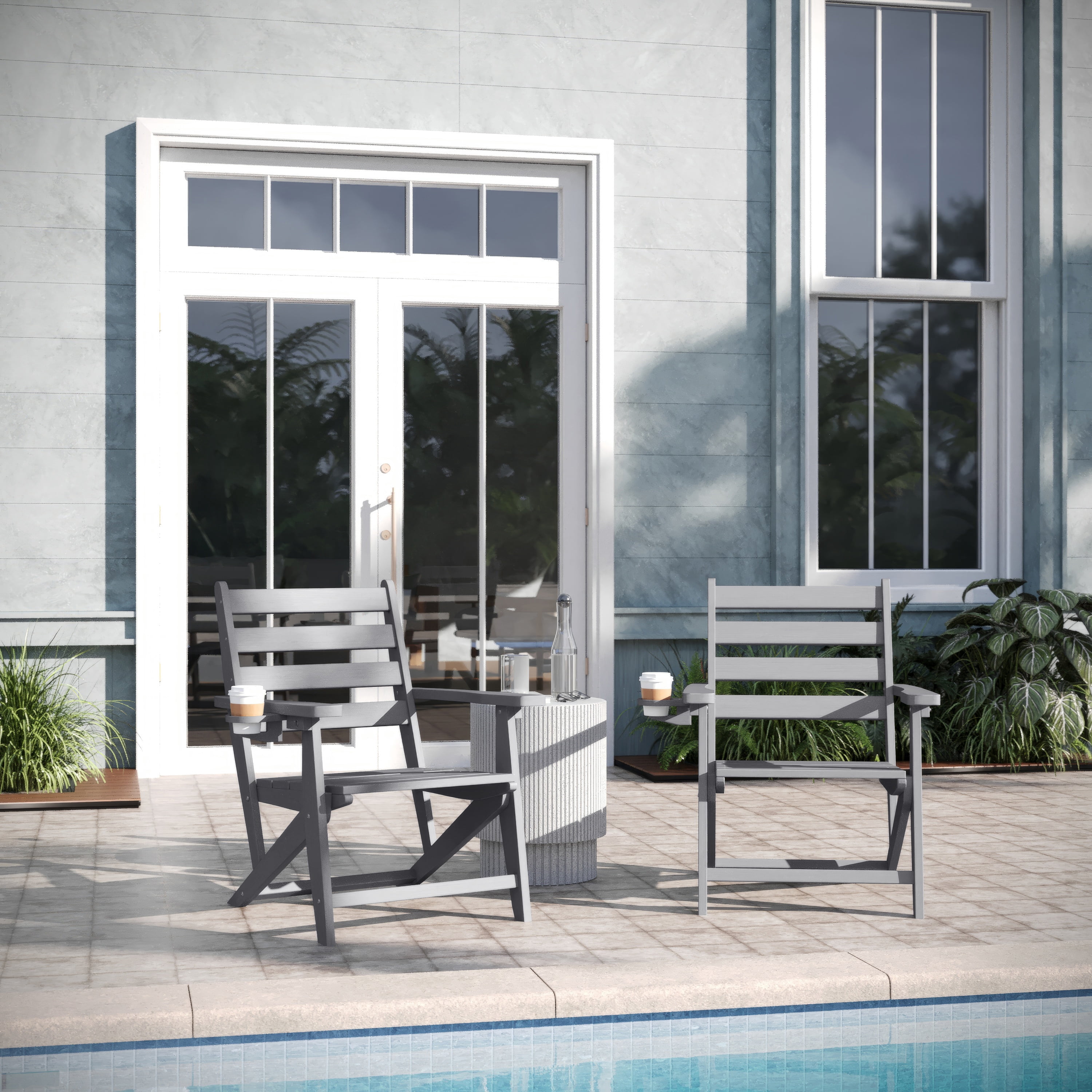 Emma + Oliver Adirondack Dining Chair with Fold Out Cup Holder, Weather Resistant Recycled HDPE Adirondack Chair in Gray