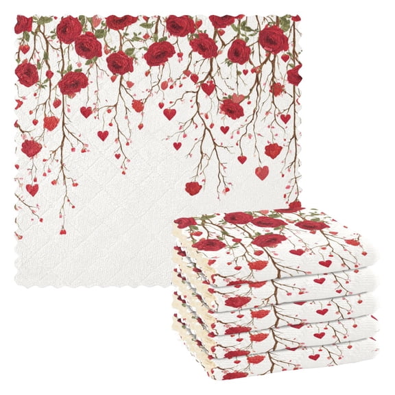6 Pieces of Kitchen Towels 11x11Inch Kitchen Dish Cloths Kitchen Dish Towels Reuseable Cleaning Cloths Red Rose Pattern