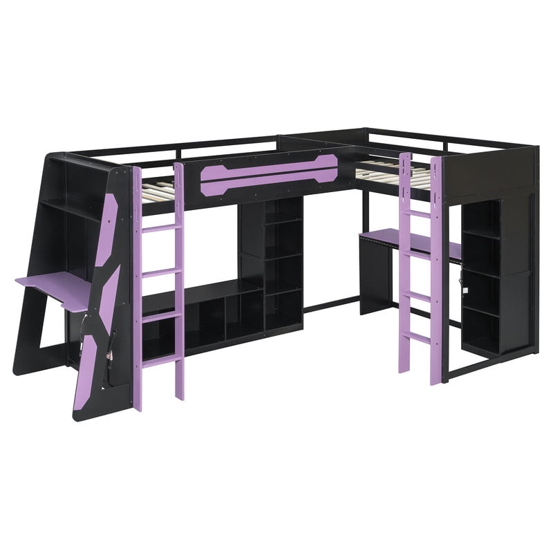 Twin Size L-Shaped Gaming Loft Bed with RGB LED Lights, Dual Twin Beds, USB Charging Ports & TV Stand, Wood Loft Bedframe Playhouse Bed with Storage Shelves & Reversible Layout