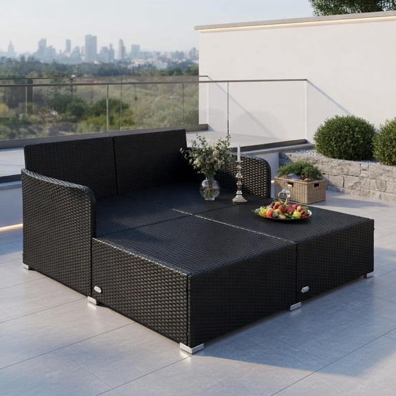 Resenkos Outdoor Rattan Daybed with Plush Upholstered Cushions & Pillows – Gray, Red, Turquoise, White, Navy – Heavy-Duty Steel Frame, Weather-Resistant Wicker, 800 lb Capacity