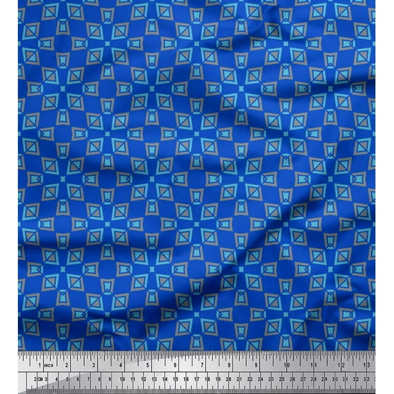 Soimoi Blue polyester Crepe Fabric Square & Triangle Geometric Decor Fabric Printed Yard 42 Inch Wide