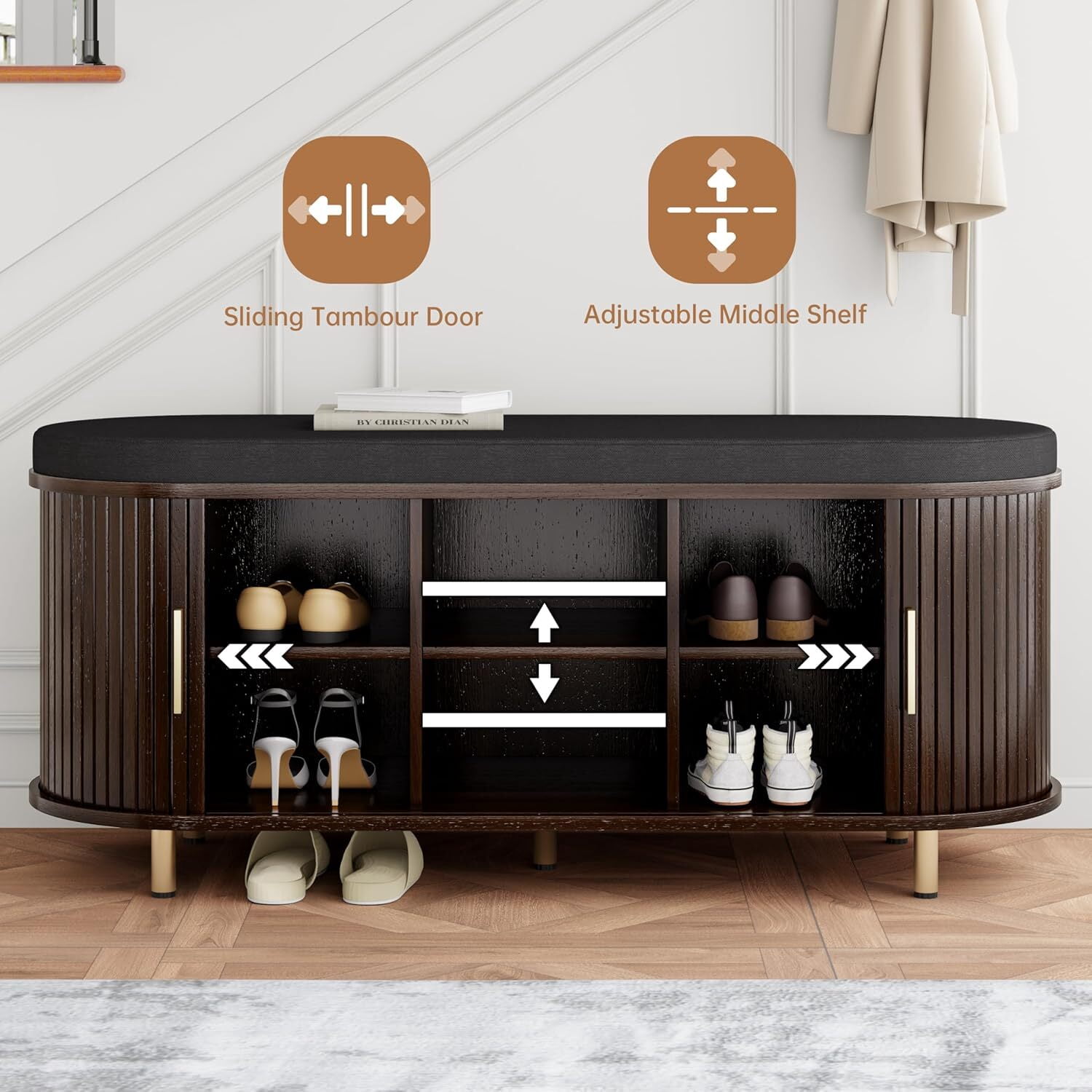 avobird 43.3" 2-Tier Storage Bench,Wide Shoe Bench with Thickened Padded Seat Cushion, Mid Century Modern Fluted Sliding Door and Adjustable Shelf, for Entryway,Bedroom Coffee