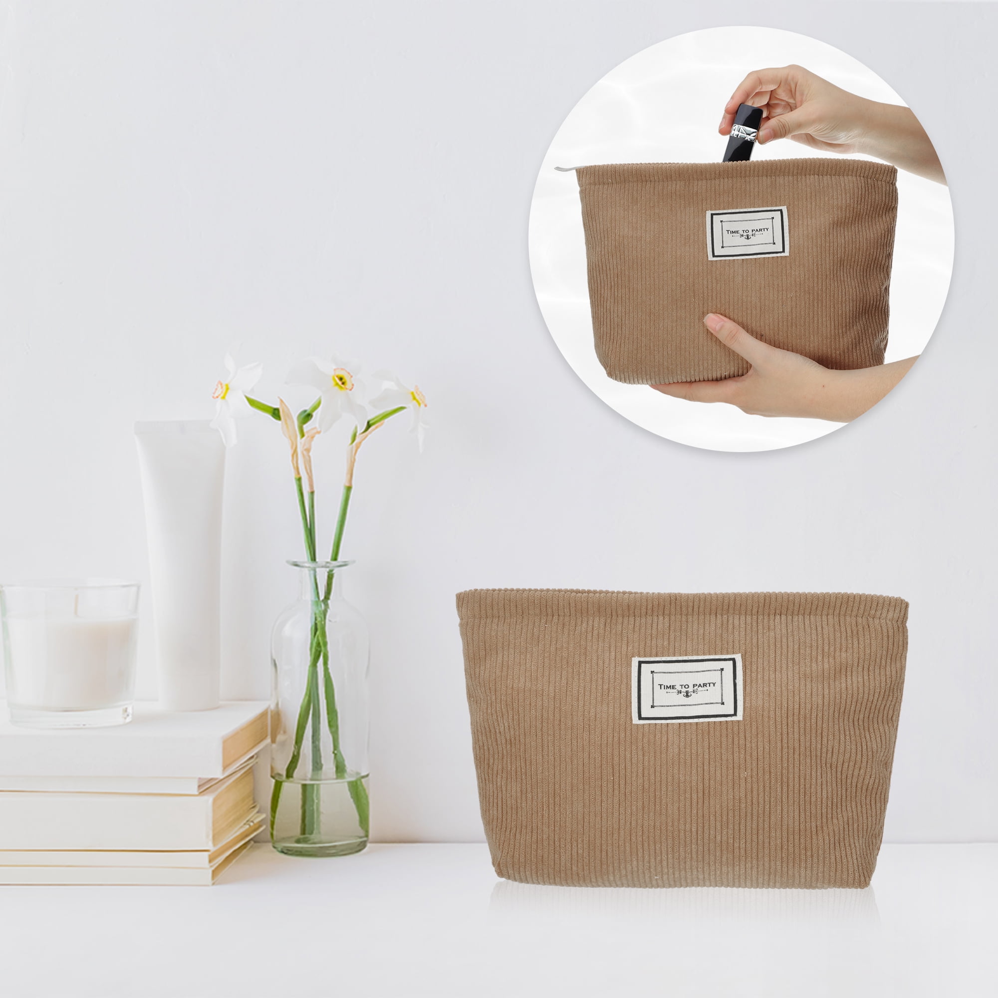 Unique Bargains Women Corduroy Makeup Bags Corduroy Cosmetic Bag Zipper Makeup Pouch Brown