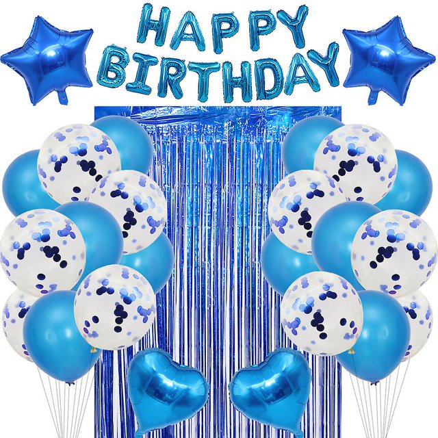 Decoración de fiesta de cumpleaños, globos de látex, pancarta de globos de feliz cumpleaños con 2 cortinas con flecos de aluminio