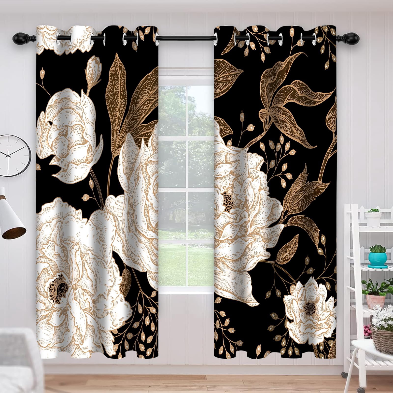 Boho Floral Blackout Curtain, Black Gold Flowers Aesthetic Art Curtains Darkening Thermal Insulated Grommet Window Drapes for Living Room Bedroom Decor 2 Panels 52x84 Inches