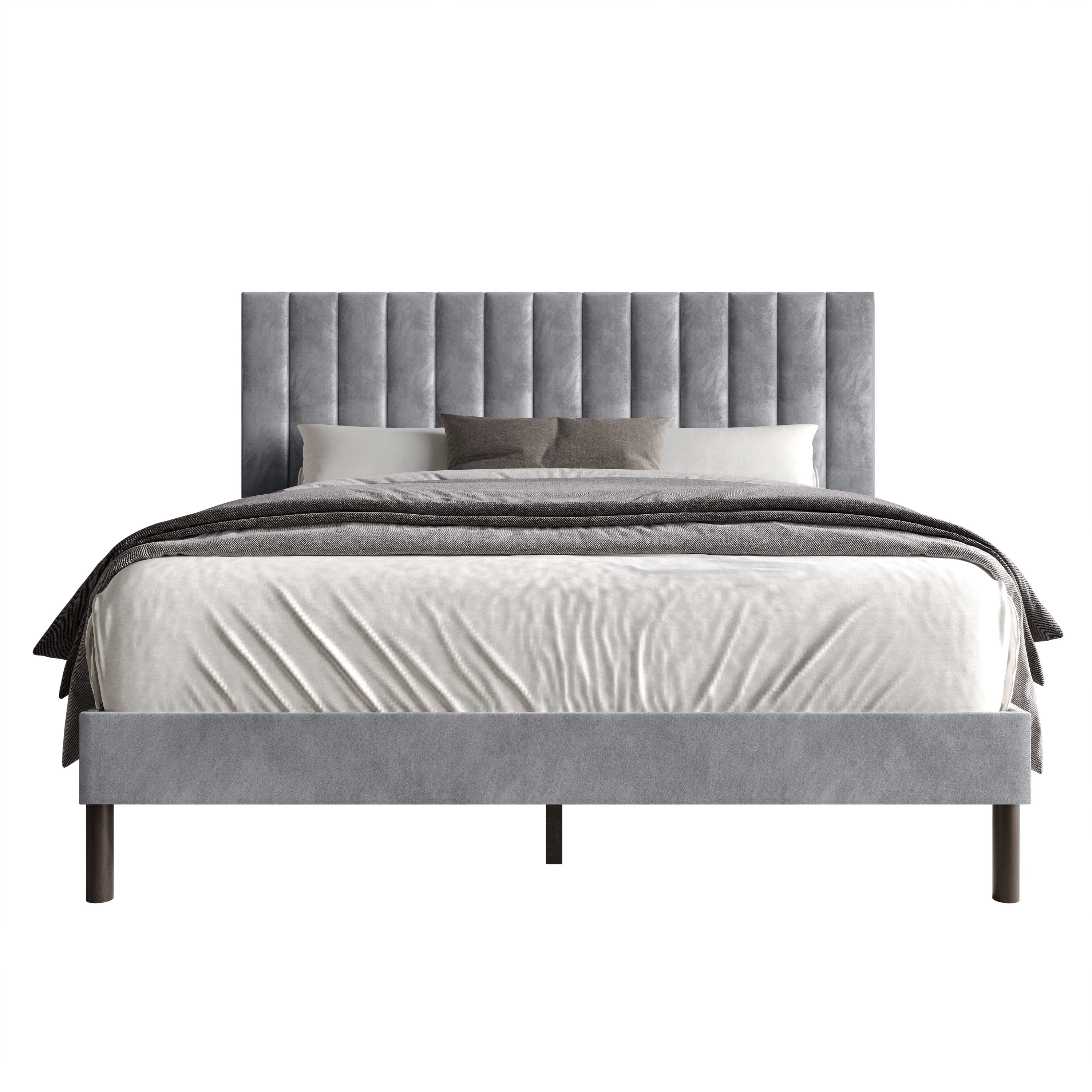 Home Design Sitka Twin Velvet Upholstered Platform Bed Frame with Channel-Tufted Headboard & Foam Padding, Silver Gray, Easy Assembly