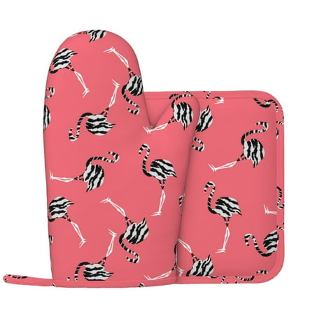 

flamingo zebra print pink Oven Mitts and Pot Holders Sets Heat Resistant Silicone Oven Mitts Pot Holders for Kitchen Cooking Baking Non-Slip Oven Gloves Hot Pads Potholders
