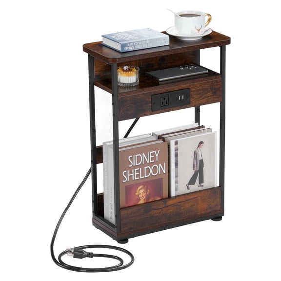 ZEXVIDA Narrow Side Table with Charging Station, 3 Tier Slim End Table with Storage Shelf for Small Spaces, 21.6 Inch Height Thin Tables Small Nightstand Magazine Rack for Living Room,Brown