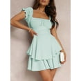thumbnail image 2 of Women's Little Black Dress Mini A-Line Dress Solid Color Ruffled Short Sleeves Bodycon U Neck Layered Hem Dress Tighten Waist Peplum Dress for Vacation, 2 of 7