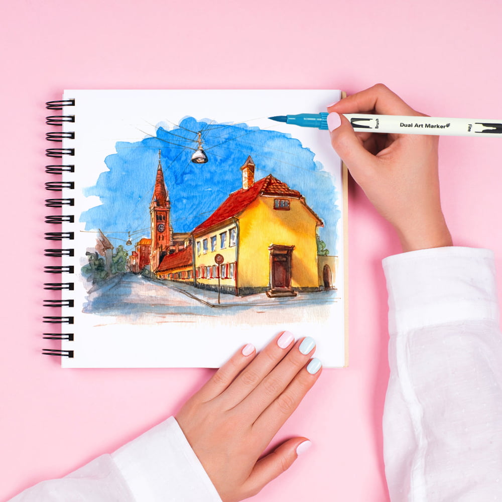 Alycoco Watercolor Brush Pens Set - Premium Soft Flexible Dual Tips  Coloring Brush Pen & Fineliner Color Marker Pens for Children Adult  Coloring
