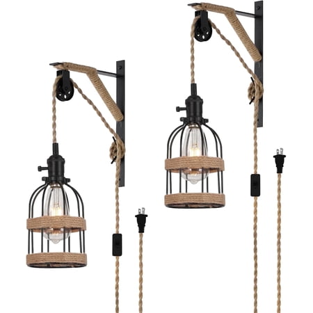 KEESFU 2-pack Farmhouse Vintage Pulley Wall Sconce, Adjustable Rope Cord Light, Black Metal Cage