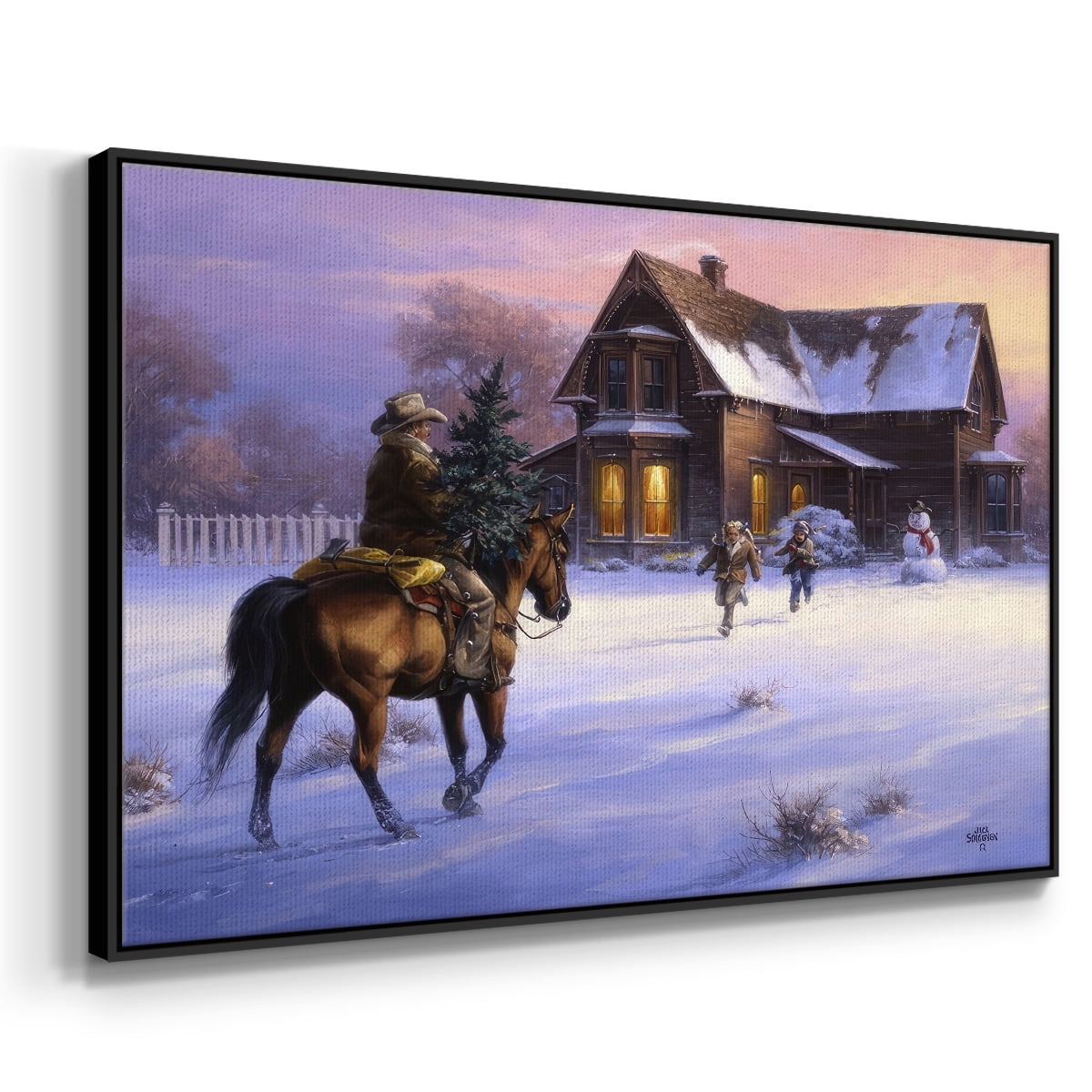 The Day Daddy Brought Home the Tree - Framed Gallery Wrapped Holiday Canvas - 17 x 25 - Black Frame