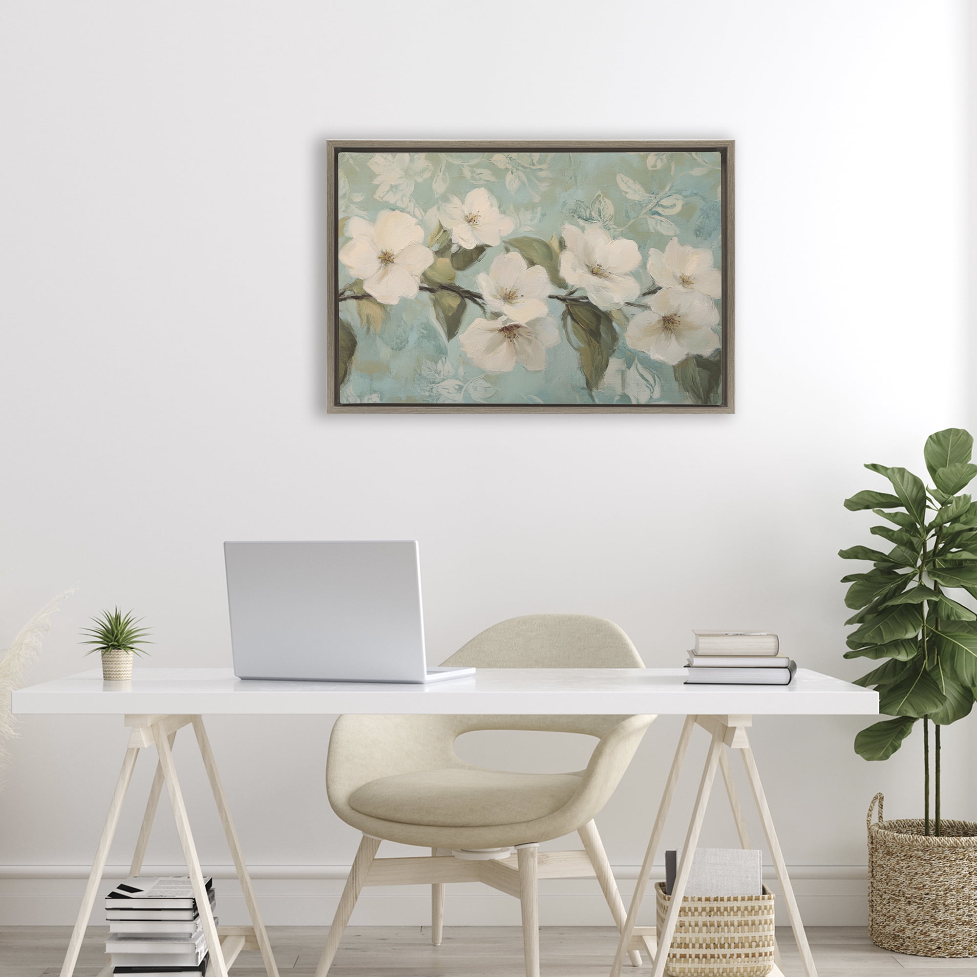 Stupell Industries Serene Flower Branch Blooms Brown Framed Floater Canvas Wall Art, design by Petal Prints Design