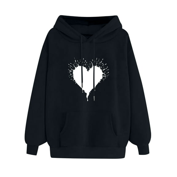 Mhoxuto Heart Print Hoodies for Women Cute Drawstring Casual Hooded Sweatshirts Oversized Basic Fall Clothes with Pocket