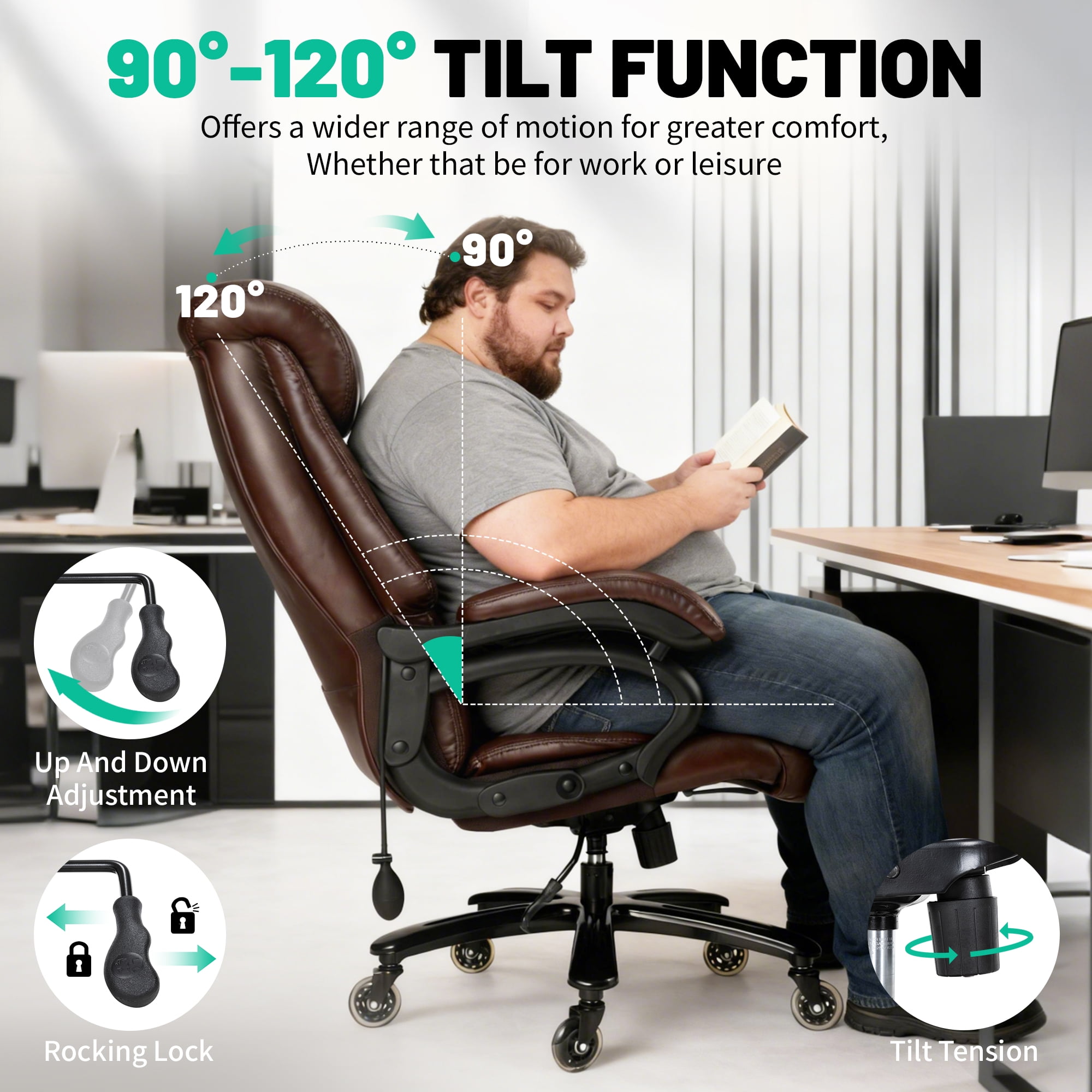800lbs Executive Office Chairs, Big and Tall Desk Chair with Adjustable Lumbar Support, Leather Computer Chair with Quiet Rubber Wheel and Extra Wide seat