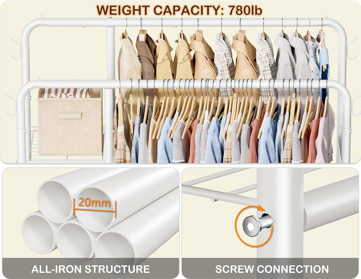 Double Rods Clothes Rack Clothing Rack with  Storage Shelves Clothes Rack for Hanging Clothes Multifunctional Heavy Duty Clothes Organizer with Hooks for Bedroom,Wardrobe Closet,Shop