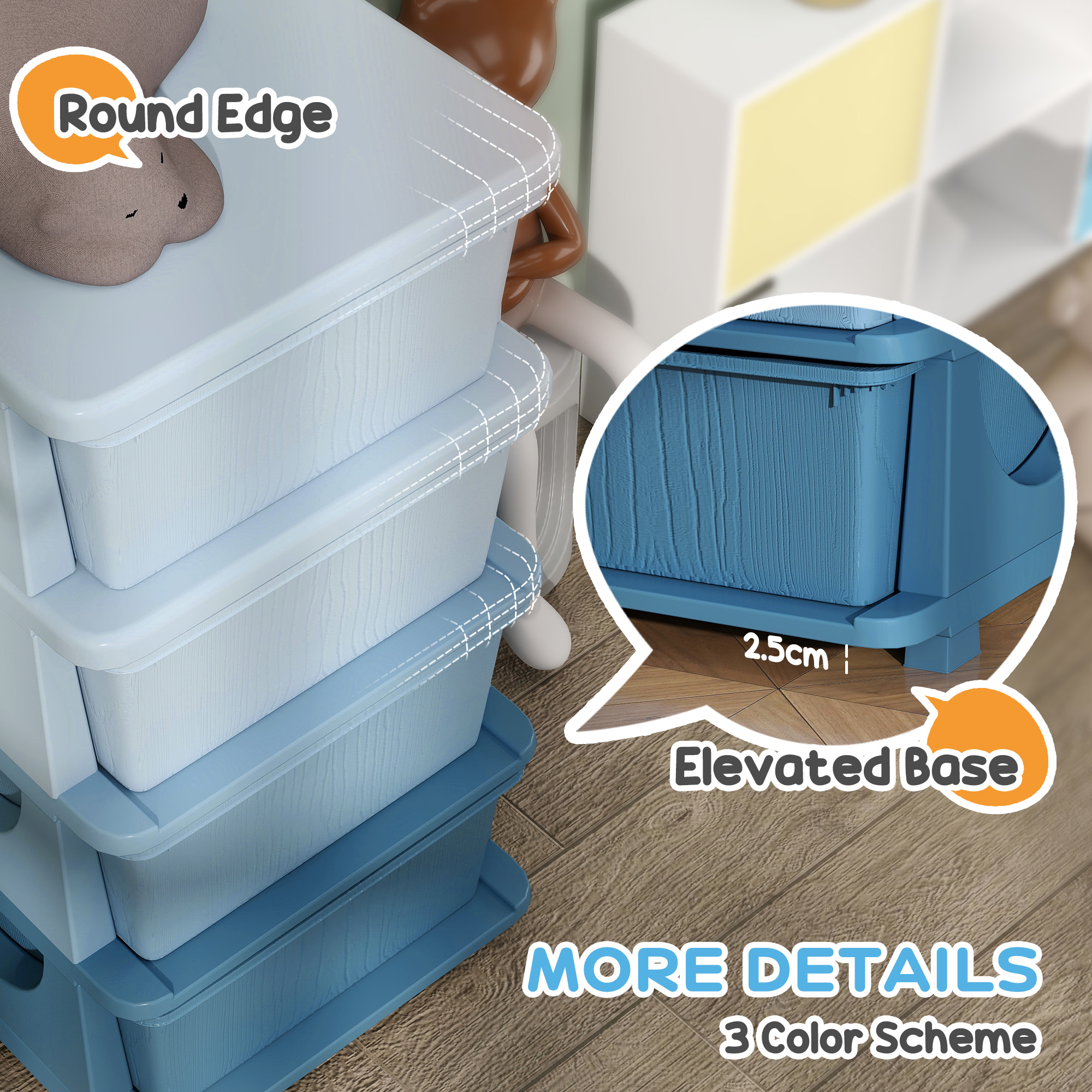 4 Tier Kids Storage Unit, 4 Drawer Chest Toy Organizer Plastic Bins for Kids Bedroom Nursery Kindergarten Living Room for Boys Girls Toddlers, Blue