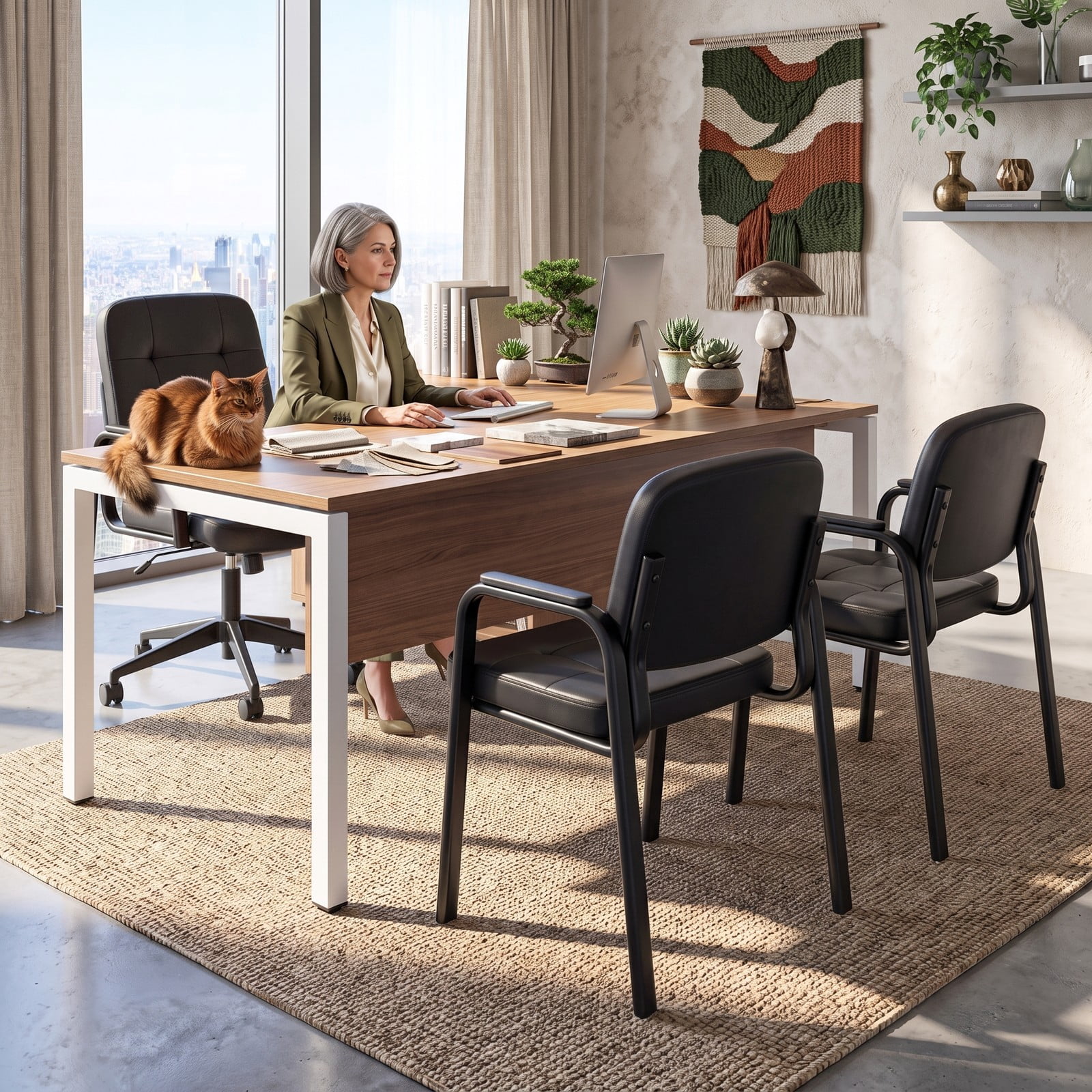 Furnibear Leather Office Reception Chairs, Set of 2 Waiting Room Guest Chairs with Padded Armrests, Ergonomic Waterproof PVC Sled Base Reception Seating for, Black