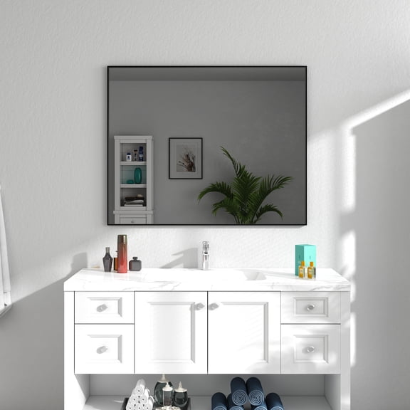 60x28 Inch Rectangular Aluminum Framed Wall Bathroom Vanity Mirror in Black