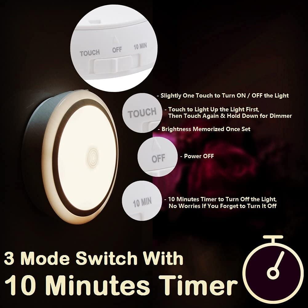 Rechargeable Touch Light with Timer, Dimmable Kids Baby Nursery Night Light Lamp, Stick-on Anywhere LED Push Tap Light for Closet Cabinet, Brightness Memory, Warm White Light