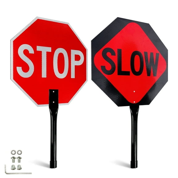 Faittoo Stop Slow Sign with Metal Handle, 18" x 18" Double Sided Engineer Grade Aluminum Sign, Reflective,Sturdy, Easy to Assemble